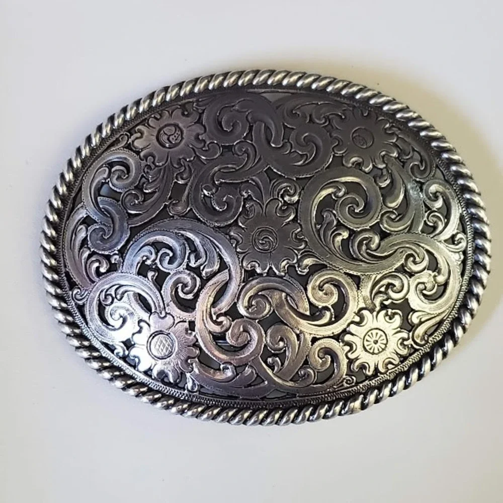 Western Silver Tone Filigree Floral Oval Belt Buckle Ornate Rope Edge Cowgirl